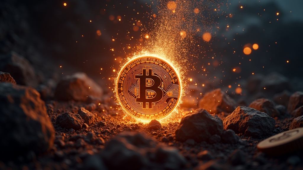 A futuristic, glowing Bitcoin surrounded by intricate mining machinery and abstract digital representations of scarcity and rarity.