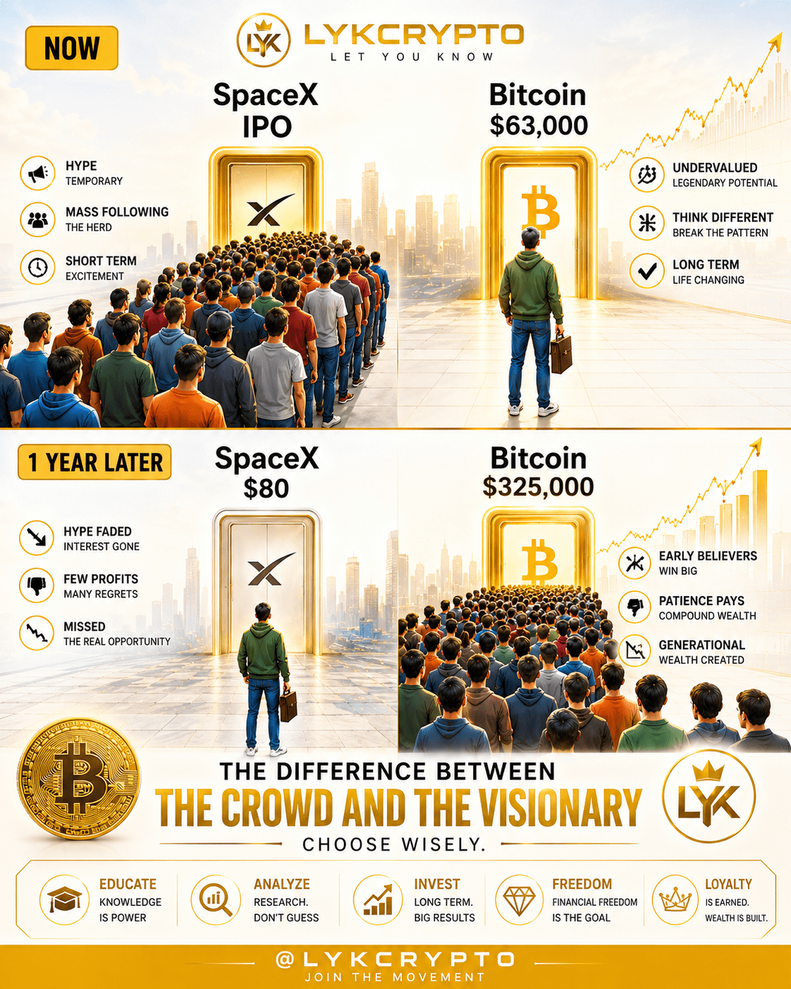 Bitcoin investing crowd vs visionary investor comparison